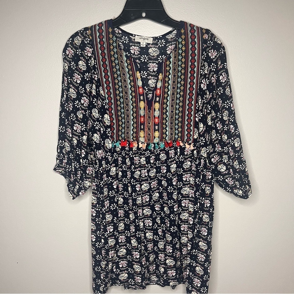 Umgee Boho Embroidered Tassel Tunic Top‎ Floral Peasant Blouse M Southwestern
